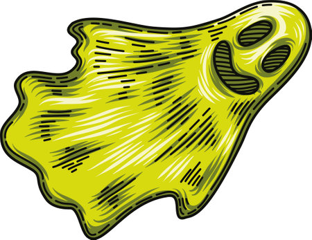 Vector cartoon image of funny light green ghost with red eyes flying and beckoning someone by a finger on a black background. Halloween. Spirit, fear, terror. Vector illustration.のイラスト素材