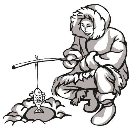 Fisherman catches fish, fisherman with catch, black and white drawingのイラスト素材