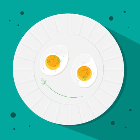 Egg with dill in a white plate on a blue background. National Egg Day. Smile.の写真素材