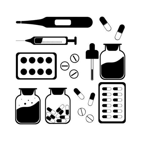 Set of vector flat icons medications. Thermometer, syringe, Drugs and pills, bottle and pipette, bottle of medicine. Stencil.の写真素材
