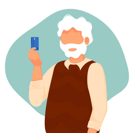 Elderly man holds a debit card in his hand. Vector illustration. Payment by credit card, payment using an electronic wallet.のイラスト素材