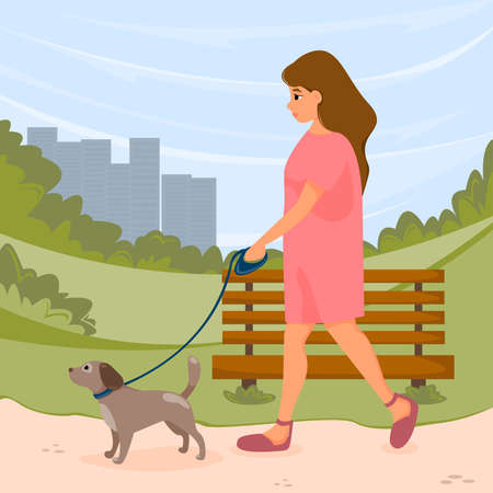 Girl in dress walking with dog on leash in summer park. Vector illustration.のイラスト素材