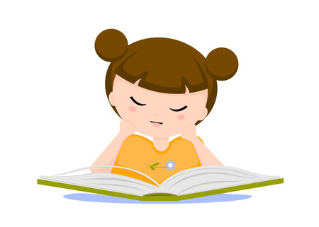 Little girl in an orange T-shirt and with two bundles on her head is enthusiastically reading a large green book. Child reads with his fists on his cheeks. Prepare for school, teach lessons. Vector.のイラスト素材