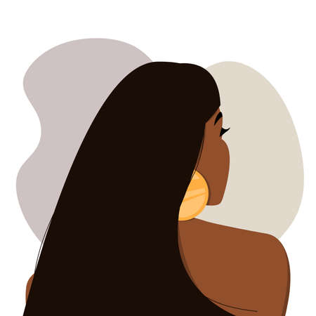 Modern attractive long haired dark skinned woman with shoulders and large earrings. The concept of beauty, fashion, body positivity, style, equality. From the back. Vector illustration.のイラスト素材