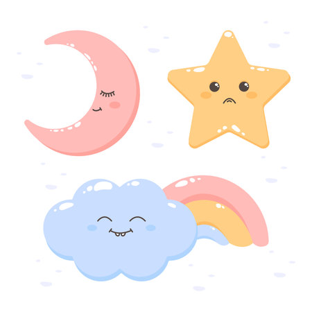 Set of cute cartoon characters. Moon, star, and cloud with a rainbow. Cartoon vector illustration. Children's vector image. Vector illustration.のイラスト素材