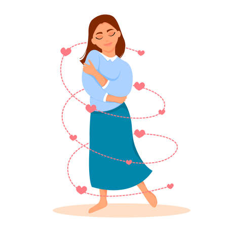 Woman hugging herself. Self love concept, vector illustration in flat style.のイラスト素材