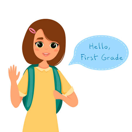 First grader girl waving her hand. Hello first grade. Vector illustration in flat style.のイラスト素材