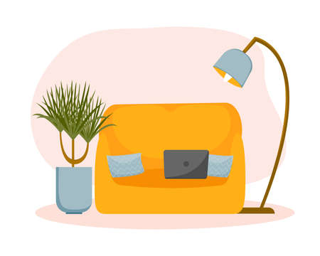 Cozy interior home - sofa, floor lamp, plant in pot, laptop. Cute vector illustration.のイラスト素材