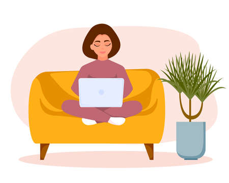 Woman with laptop sitting on sofa. Freelance, coworking concept. Cozy vector illustrations in flat style.のイラスト素材