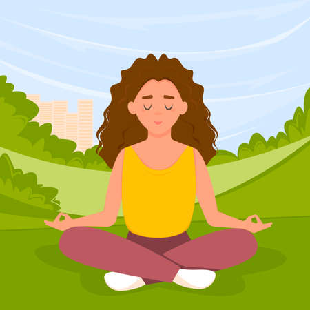 Girl doing yoga in park. Woman sitting in the lotus position. Vector illustration in flat style.のイラスト素材