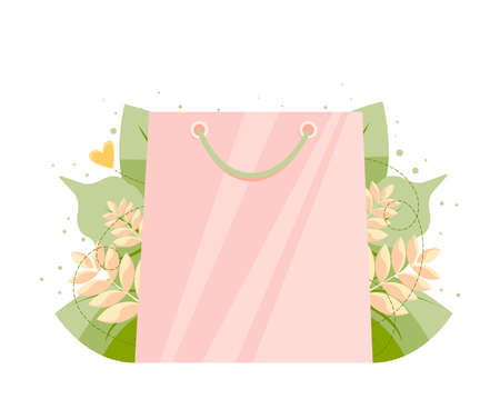 Vector illustration of sale bag on green plant background. Concept of discounts, sale, shopping.のイラスト素材