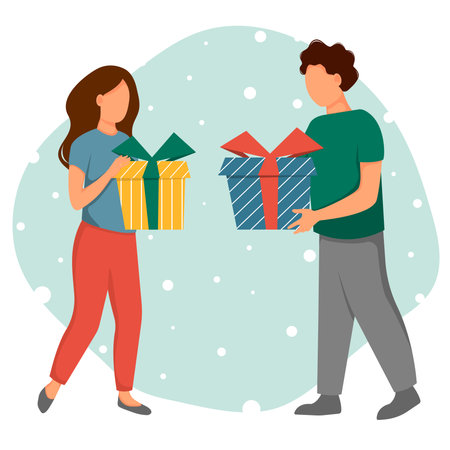 People receiving and giving gifts. Concept of celebrate holidays. Vector illustration in flat style.のイラスト素材