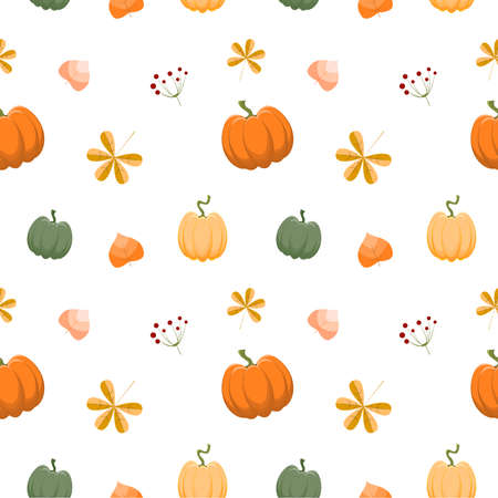 Seamless autumn pattern with pumpkins, leaves and berry. Vector background in flat style.のイラスト素材