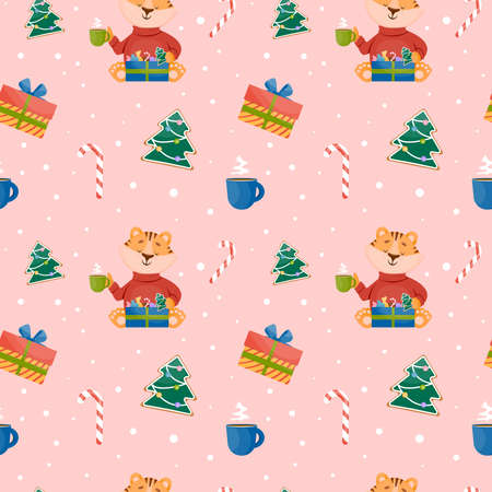 Holidays christmas seamless pattern with tiger cub, sweet candy, mag, box gift, Ñhristmas tree. Vector celebration winter background in flat style.のイラスト素材