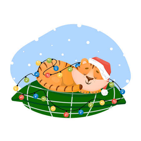 Funny little happy tiger cub sleeps on pillow shrouded in garlands. Vector character illustration in flat style. Winter holidays concept.のイラスト素材