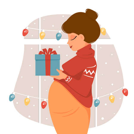 Lovely pregnant woman is holding Christmas present in her hands. Vector illustration of fictional character in flat style.のイラスト素材
