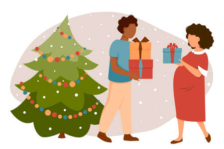Young people give each other gifts near the Christmas tree. Vector illustration in flat style.のイラスト素材