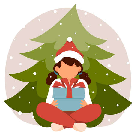 Child girl in santa claus hat is sitting by Christmas tree with gift. New year vector illustration in flat style.のイラスト素材