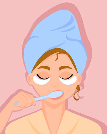 Cute smiling girl with towel on head and cosmetic patches under the eyes is brushing her teeth. Morning routine. Home daily care. Vector illustration.のイラスト素材