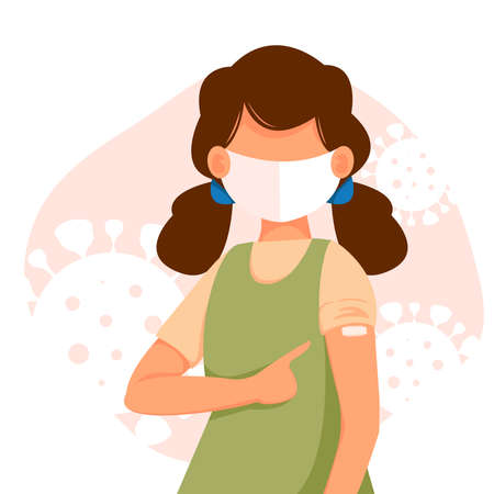 Child pointing his finger at the vaccinated hand. The concept of health, the spread of the vaccine, healthcare, call of fight against coronavirus. Colorful vector illustration in flat style.のイラスト素材