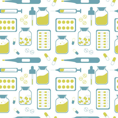Seamless pattern with medications. Thermometer, syringe, Drugs and pills, bottle and pipette, bottle of medicine.のイラスト素材