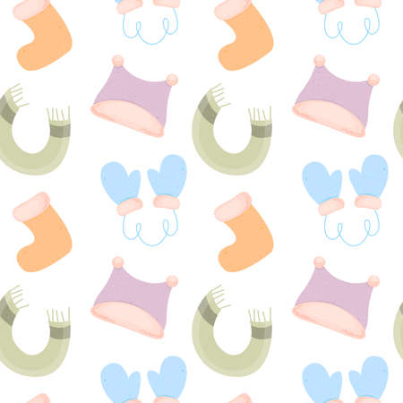 Seamless pattern with cute winter scarf, mittens, headwear. Concept of clothes, cold.の写真素材