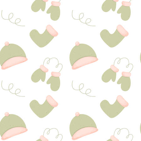 Seamless pattern with cute winter headwear, socks, mittens. Concept of clothes, cold.の写真素材