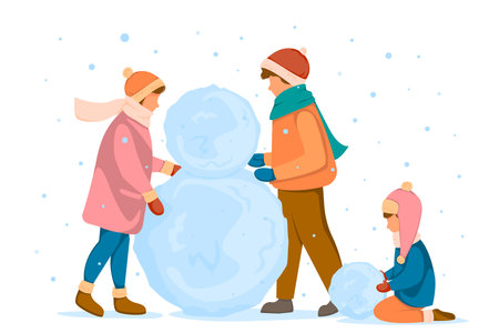 People with children sculpt a snowman, big snowballs. Concept of winter fun. Vector illustration in flat style.のイラスト素材