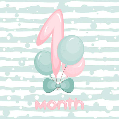 1 month Birthday party invitation with balloons. Greeting card template. Vector illustration.のイラスト素材