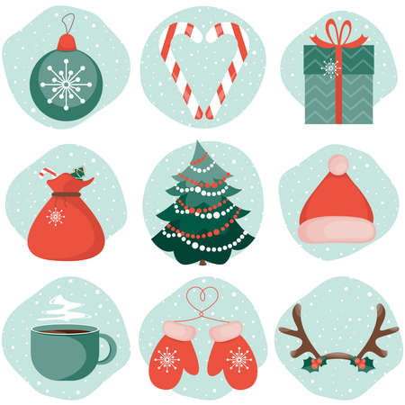 Vector set of cute Christmas icons. New Year symbols in flat style.のイラスト素材