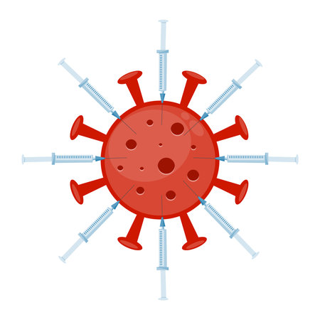 Coronavirus molecule by syringes containing vaccine surrounded. Vector illustration.のイラスト素材