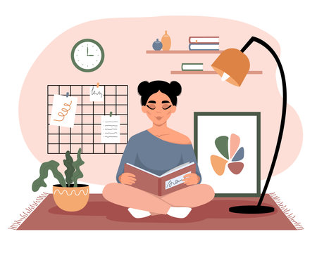 Woman reading book. Girl holding textbook. Trendy vector illustration in flat cartoon style. Literacy day concept.のイラスト素材
