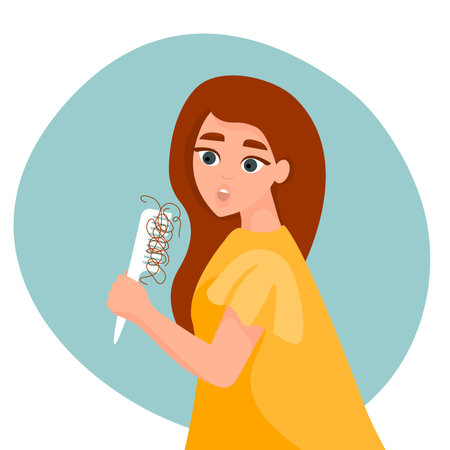Woman combing her long hair. Concept of alopecia, hair problems, hair loss, baldness. Vector cartoon illustration.のイラスト素材