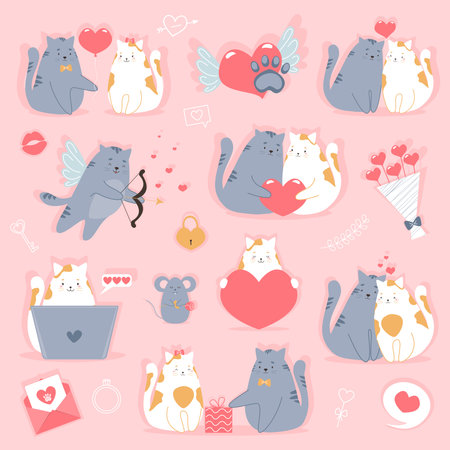 Set of Valentine's Day. Couple cats in love. Hearts, bouquet, mouse, gift and other cute items. Vector illustrations for valentine's day concept, greeting cards, stickers etc.のイラスト素材