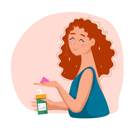 Woman uses cosmetic cream for curly hair. Girl with care bottle for wavy hair. vector flat style.のイラスト素材