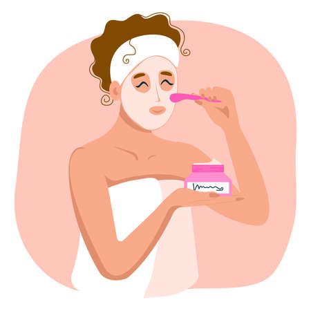 Woman taking care of face skin with facial mask. Vector cartoon person. Concept of beauty, skincare, young.のイラスト素材