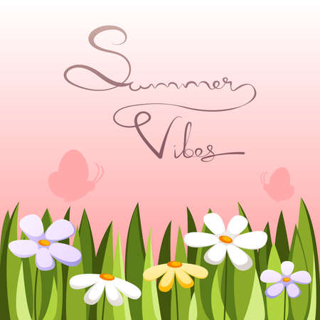 Green grass with flowers and butterflies on the background sunset. Vector summer vibes illustration.のイラスト素材