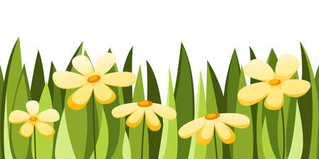 Seamless green grass with yellow wildflowers. vector horizontal plant pattern.のイラスト素材
