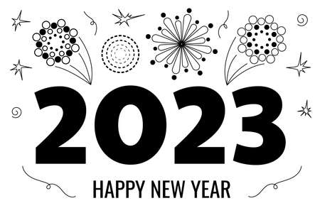 Happy New Year 2023 Lettering with Burst Fireworks. Monochrome festival label template. vector...