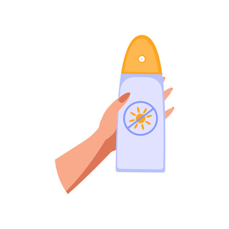 Hands holding spf gel. Concept of UV protection for skin, health care, sunburn protection, skin cancer prevention, cosmetics. Isolated vector illustration in flat style.のイラスト素材