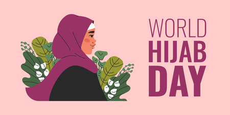 World hijab day. February 1st. Woman in Islamic religious clothing on flowers background. Web banner in flat style.のイラスト素材