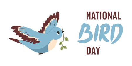 National bird day, January 5. Blue bird holds plant in its beak. Vector flat banner with handwritten inscription.のイラスト素材