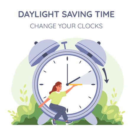 Daylight saving time banner. Woman change he hands of the clock forward an hour during the dst period. Spring forward concept. Vector flat illustration.のイラスト素材