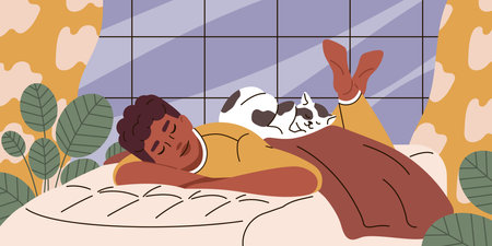 Man sleeps with cat together. Lifestyle of cat owner, pet therapy, animals for emotional support.のイラスト素材