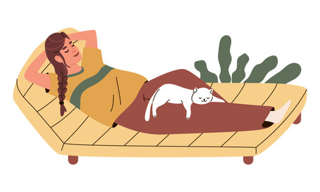 Young girl relaxing on the couch with her kitty. People with pets, pet therapy.のイラスト素材