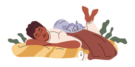 Boy sleeps with cat together. Normal life with a pet. Vector flat illustration isolated.のイラスト素材