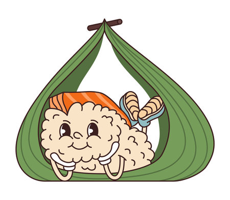 Cartoon retro character nigiri lying on his stomach with his hands propping his face up and smiling. Japanese sushi food in bamboo leaf. Stickers in retro groovy style.のイラスト素材