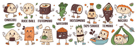 Retro groovy sushi set. Cute characters asian food. Japanese cuisine concept. Vector stickers.のイラスト素材