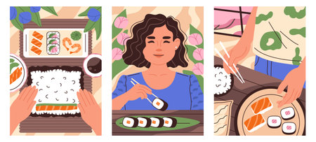 People making and eating sushi. Girl trying sushi. Concept of asian food, sushi. Vector vertical illustrationsのイラスト素材
