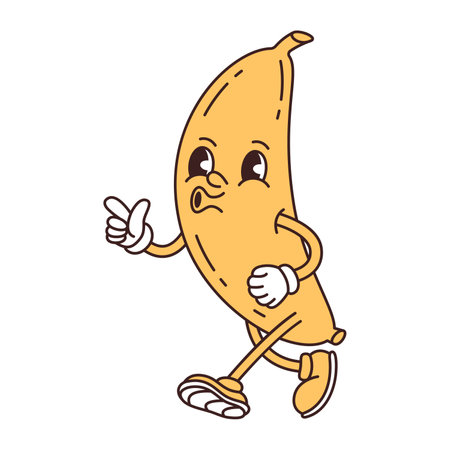 Retro groovy funny fruit. Naughty anthropomorphic character yellow banana. Vector flat illustration isolated on white backgroundのイラスト素材